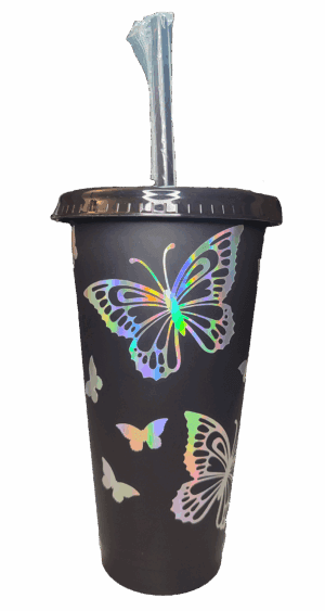 Vaso negro mate con diseño de mariposas