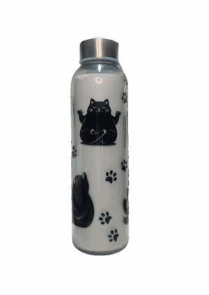 Botella de cristal con diseño de gatos haciendo yoga