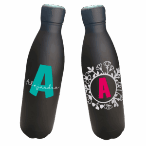 Botella de acero inoxidable con diseño de inicial