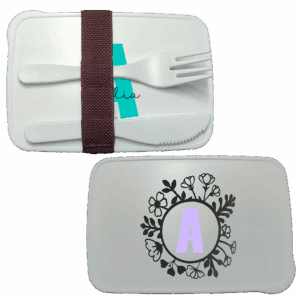 Fiambrera con cubiertos y diseño de inicial